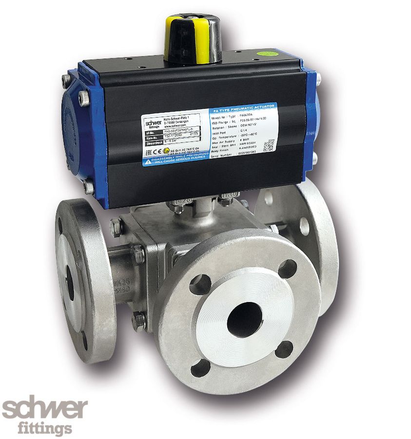 3-way ball valve with actuator, pneumatic, double-acting