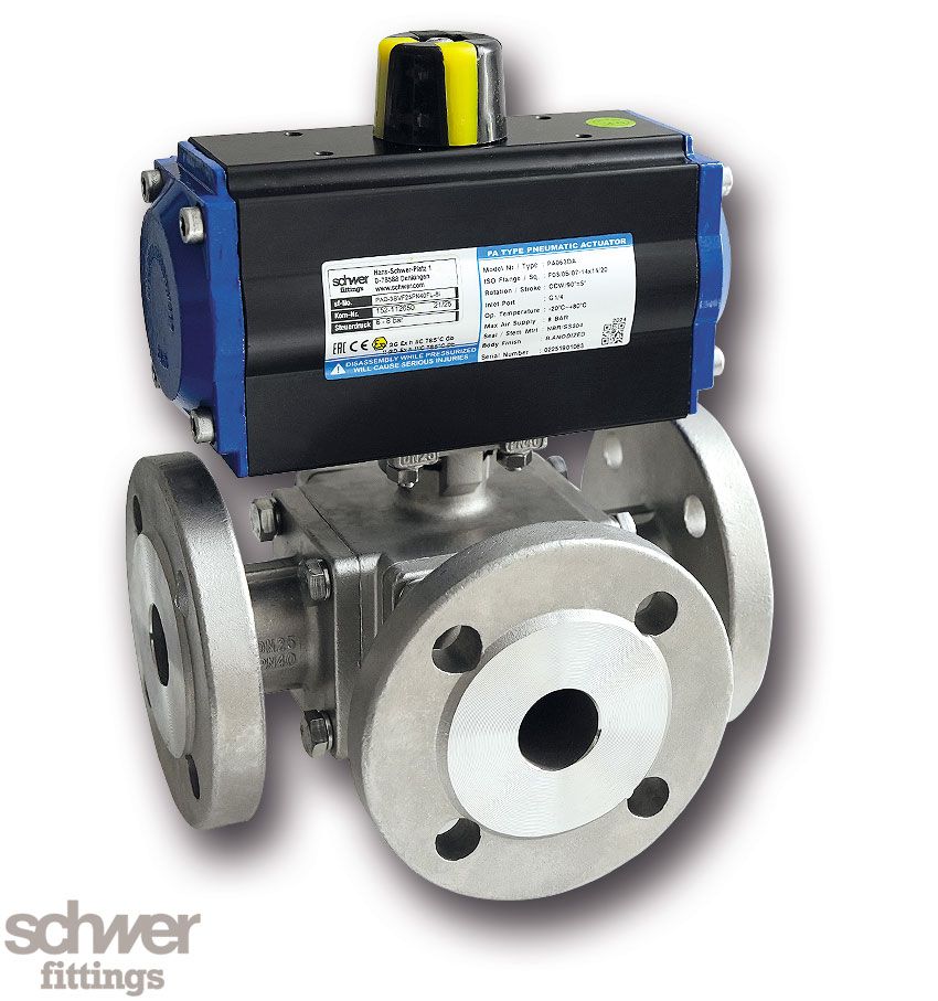 3-way ball valve with actuator, pneumatic, double-acting