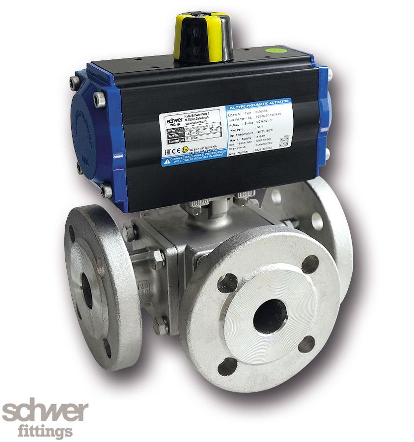 3-way ball valve with actuator, pneumatic, double-acting