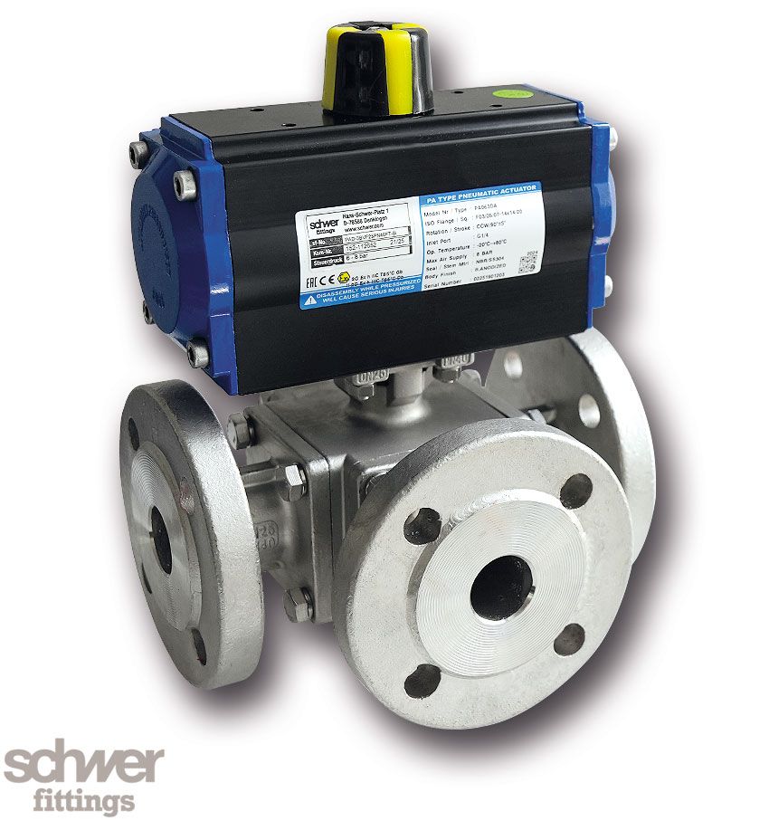 3-way ball valve with actuator, pneumatic, double-acting