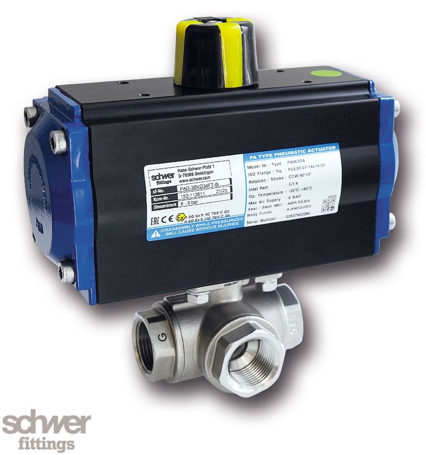 3-way ball valve with actuator, pneumatic, double-acting