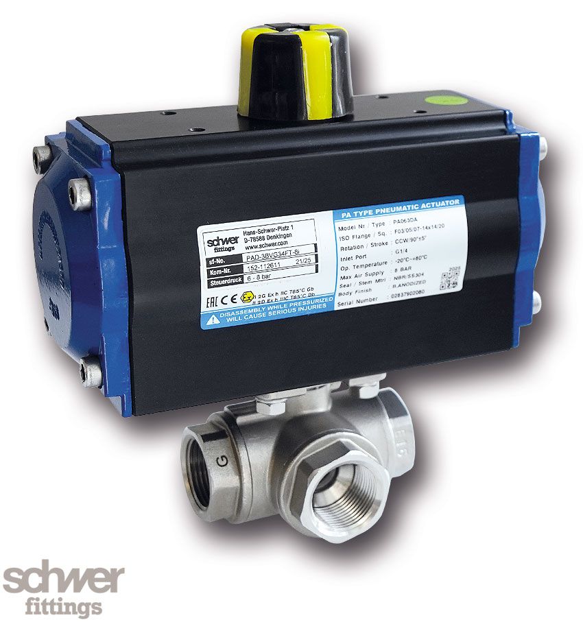 3-way ball valve with actuator, pneumatic, double-acting