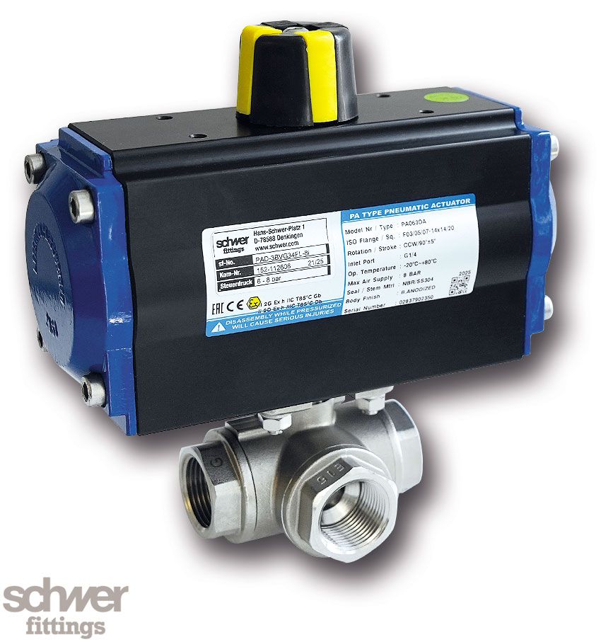 3-way ball valve with actuator, pneumatic, double-acting