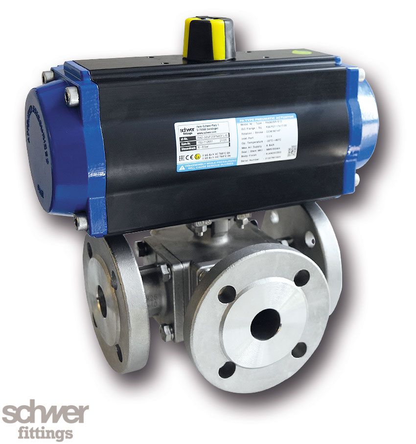 3-Way Ball Valve with actuator, pneumatic, single-acting