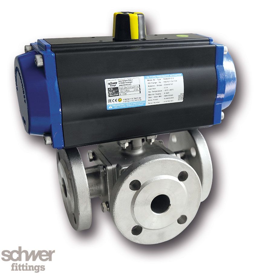 3-Way Ball Valve with actuator, pneumatic, single-acting