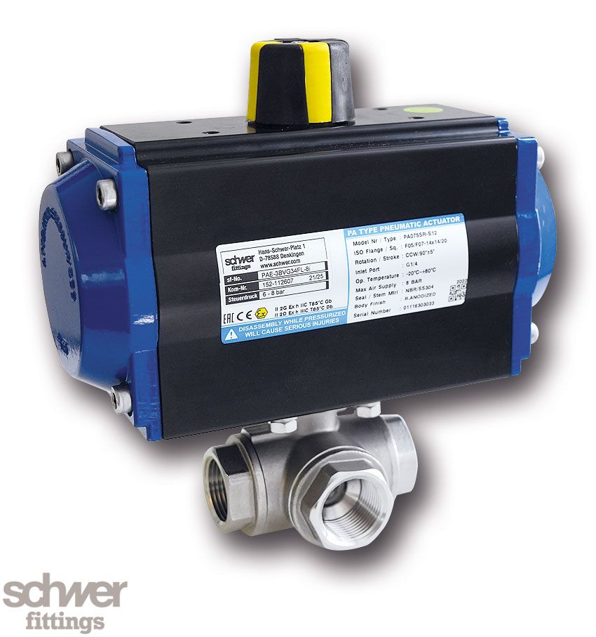 3-Way Ball Valve with actuator, pneumatic, single-acting
