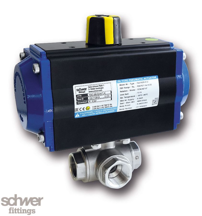 3-Way Ball Valve with actuator, pneumatic, single-acting