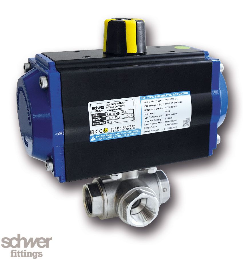 3-Way Ball Valve with actuator, pneumatic, single-acting