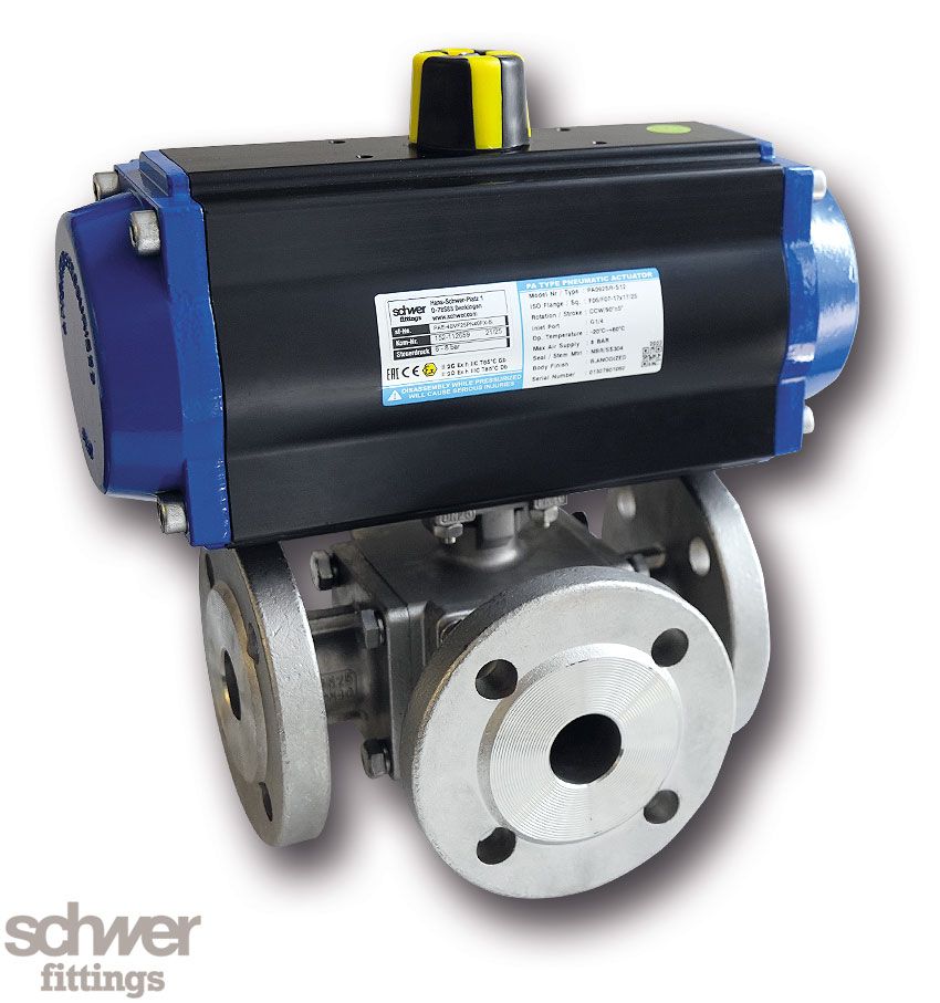 4-way ball valve with actuator, pneumatic, single-acting