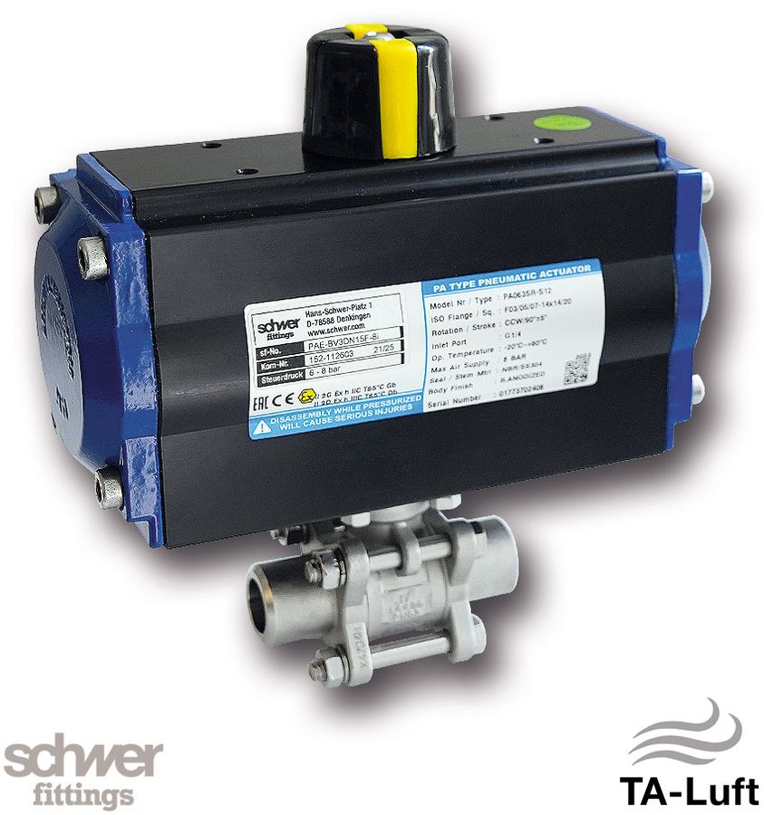 3-part. Ball valve with actuator, pneumatic, single-acting