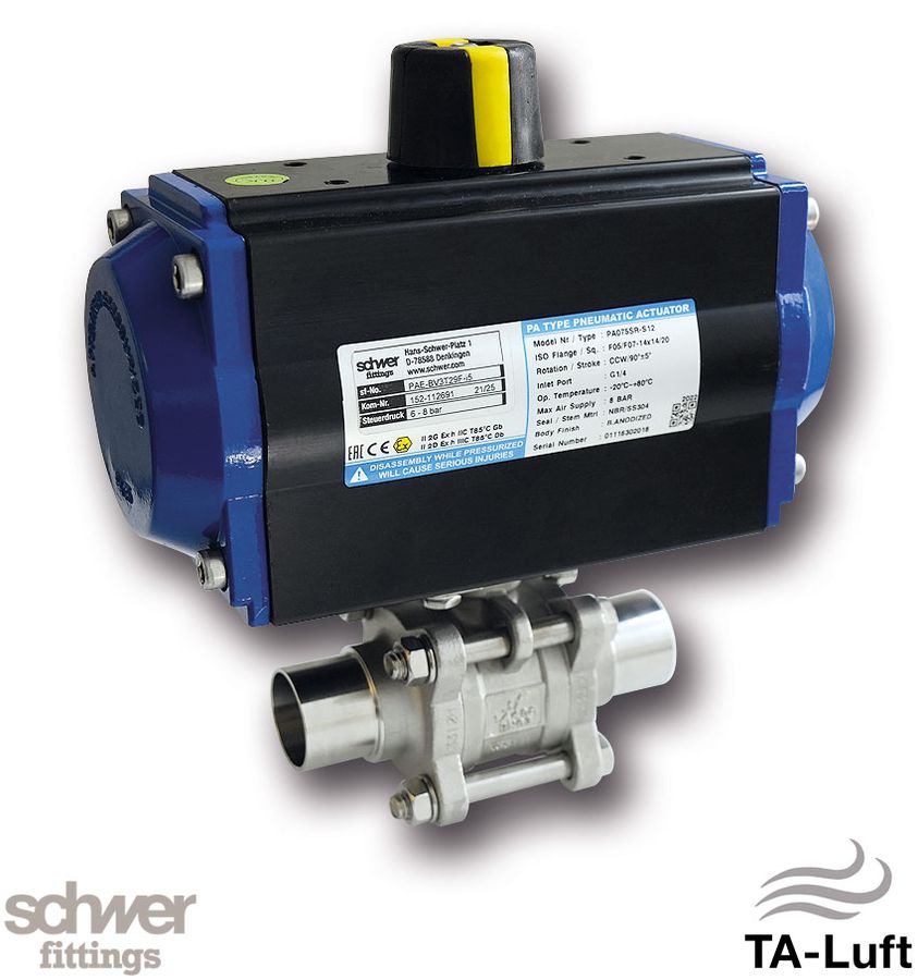 3-part. Ball valve with actuator, pneumatic, single-acting