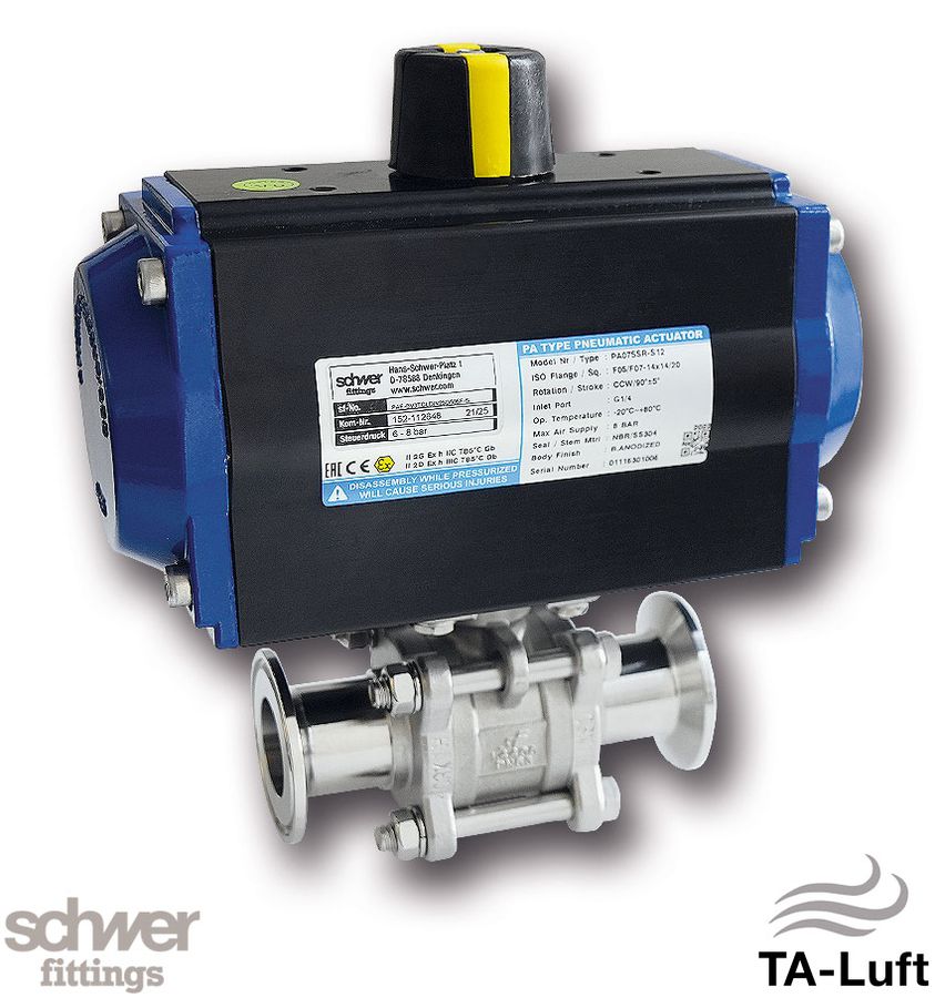 3-part. Ball valve with actuator, pneumatic, single-acting