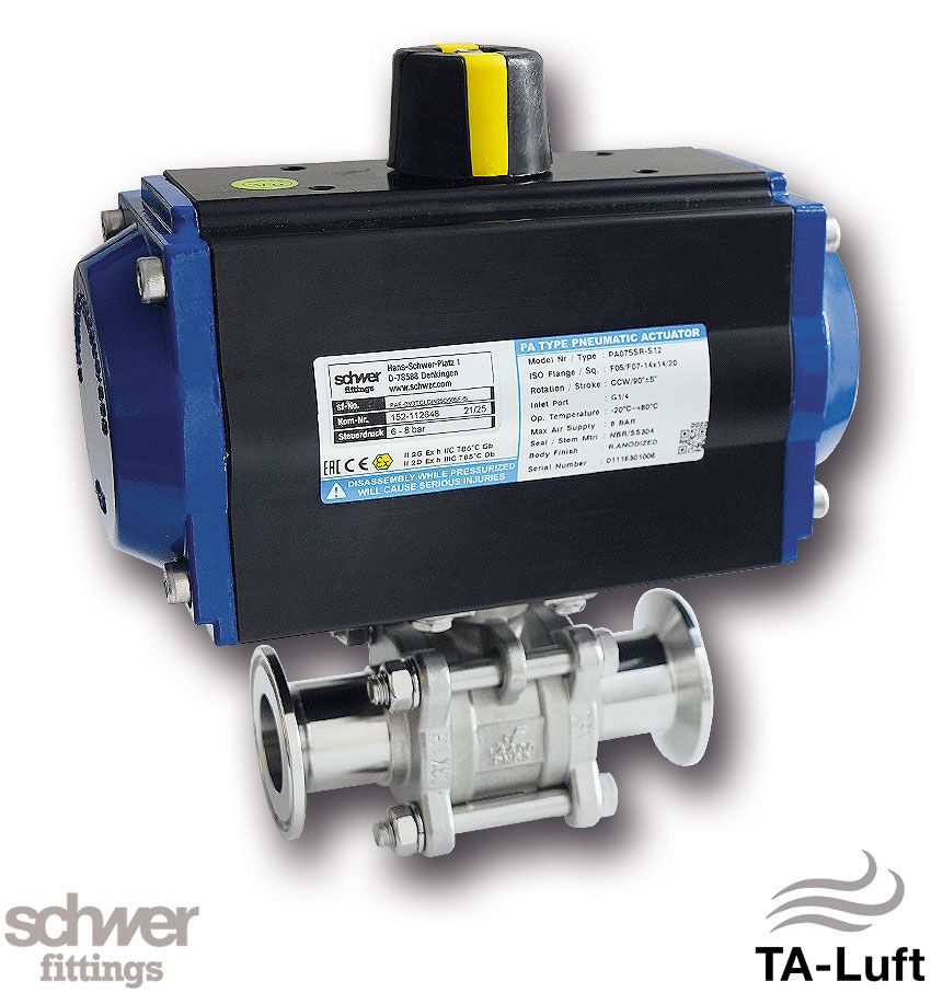 3-part. Ball valve with actuator, pneumatic, single-acting