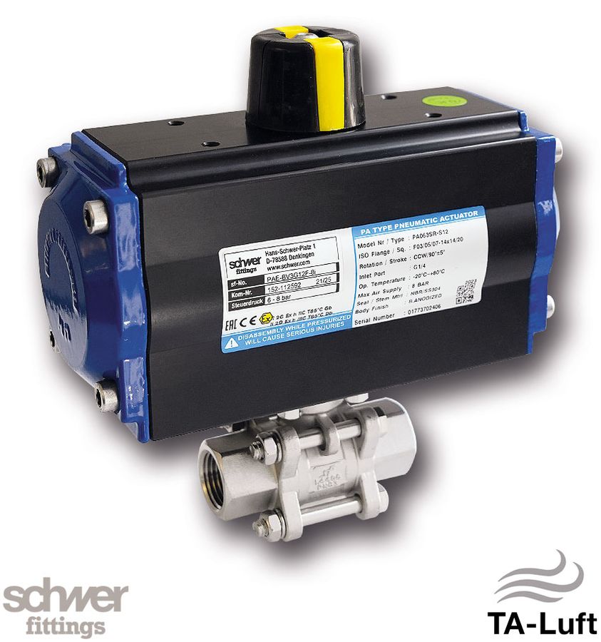 3-part. Ball valve with actuator, pneumatic, single-acting