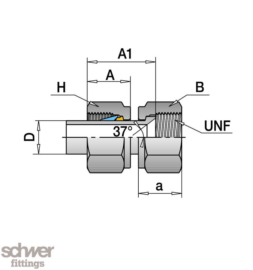 Flare Adapter Union JIC 37°, assembled with nut and set